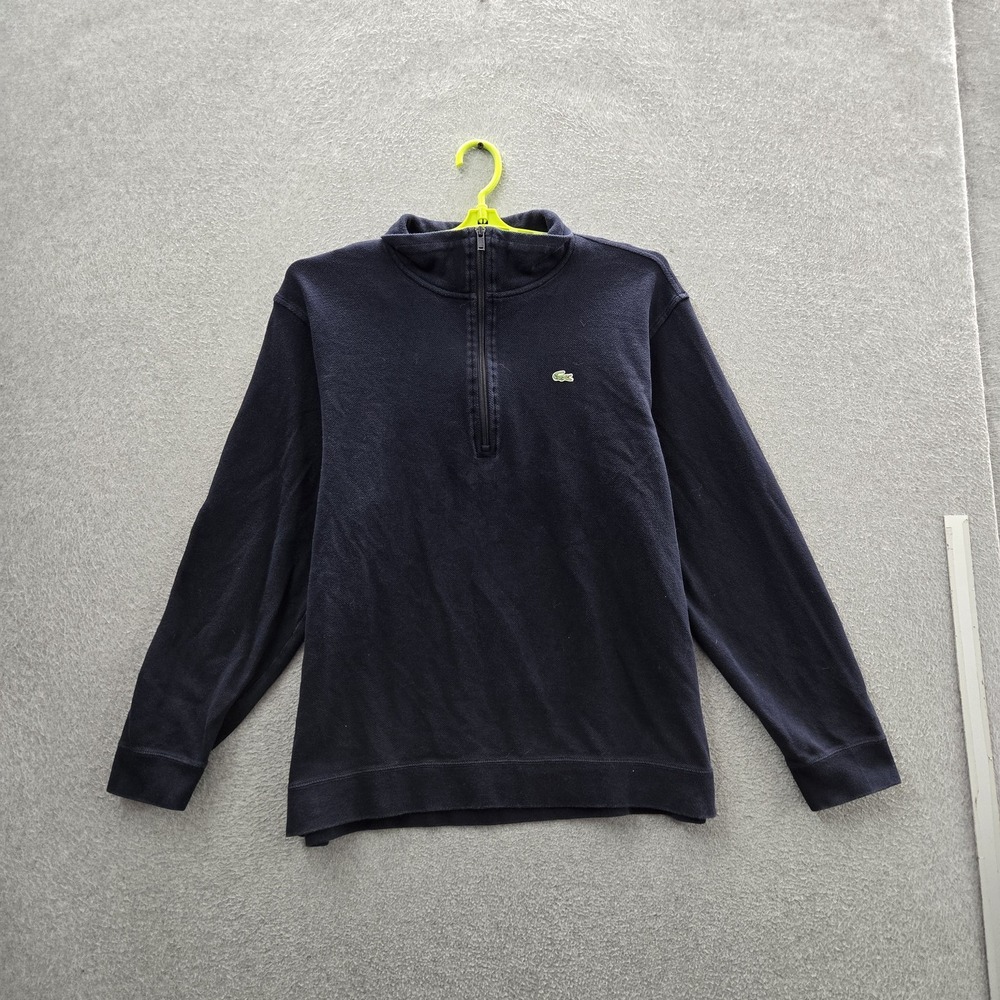 Lacoste Men Sweatshirt 7 Navy Blue Embroidered Quarter Zip Long Sleeve Logo